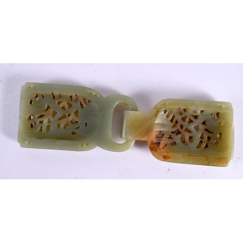 2263 - A CHINESE CARVED GREEN JADE BELT BUCKLE 20th Century, together with a jade fish. Largest 15 cm x 5 c... 