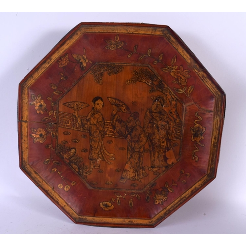 2269 - A LARGE LATE 19TH CENTURY CHINESE PAINTED WOOD OCTAGONAL DISH together with a bamboo brush pot, lacq... 