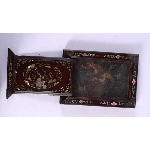 2295 - A RARE 19TH CENTURY CHINESE CARVED HONGMU SLIDING MIRROR Qing, inlaid with mother of pearl. 14 cm x ... 