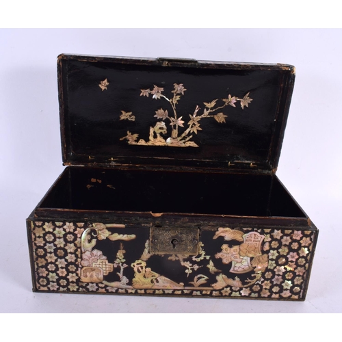 2299 - AN 18TH/19TH CENTURY CHINESE KOREAN MOTHER OF PEARL CARVED WOOD CASKET depicting landscapes and foli... 