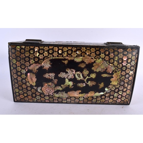 2299 - AN 18TH/19TH CENTURY CHINESE KOREAN MOTHER OF PEARL CARVED WOOD CASKET depicting landscapes and foli... 