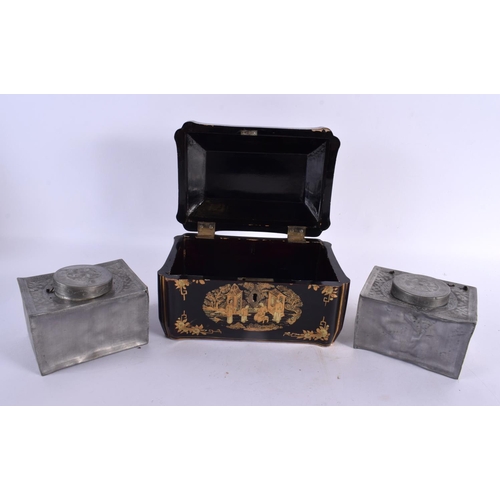 2312 - AN EARLY 19TH CENTURY CHINESE EXPORT BLACK LACQUER TEA CADDY Qing, with pewter canisters. 18 cm x 18... 