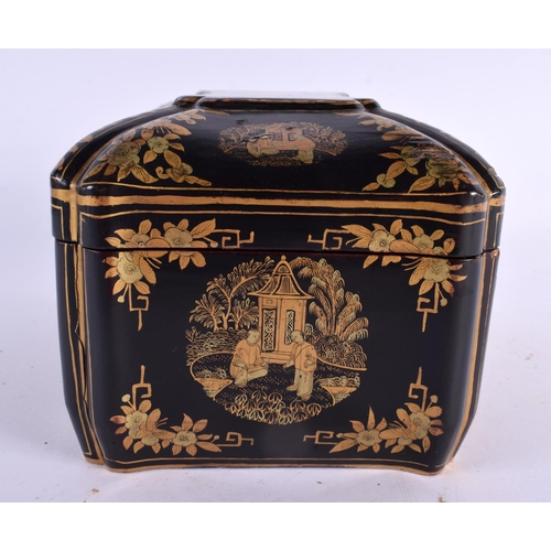 2312 - AN EARLY 19TH CENTURY CHINESE EXPORT BLACK LACQUER TEA CADDY Qing, with pewter canisters. 18 cm x 18... 