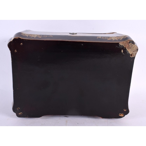 2312 - AN EARLY 19TH CENTURY CHINESE EXPORT BLACK LACQUER TEA CADDY Qing, with pewter canisters. 18 cm x 18... 