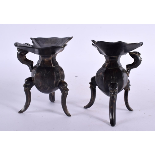 2318 - A PAIR OF 19TH CENTURY CHINESE BRONZE JUE WINE VESSELS Qing. 10 cm x 10 cm.