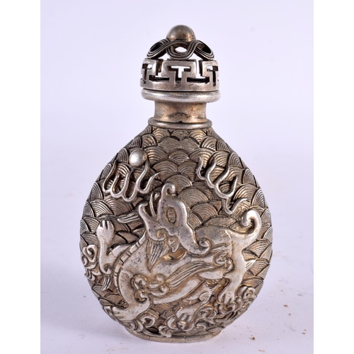 2334 - A CHINESE WHITE METAL SNUFF BOTTLE AND STOPPER 20th Century. 121 grams. 9 cm x 5.5 cm.