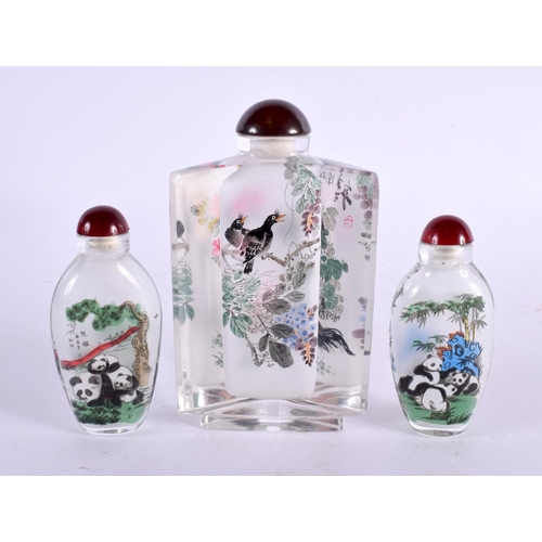 2365 - THREE CHINESE REVERSE PAINTED GLASS SNUFF BOTTLES 20th Century. Largest 12 cm x 7 cm. (3)