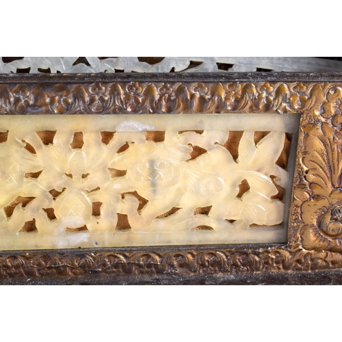 2368 - A LATE 19TH CENTURY CHINESE GILT METAL AND JADE LETTER RACK Qing. 21 cm x 15 cm.