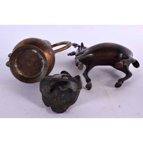 2382 - A 19TH CENTURY CHINESE BRONZE DEER CENSER AND COVER together with a bronze ewer etc. Largest 18 cm x... 