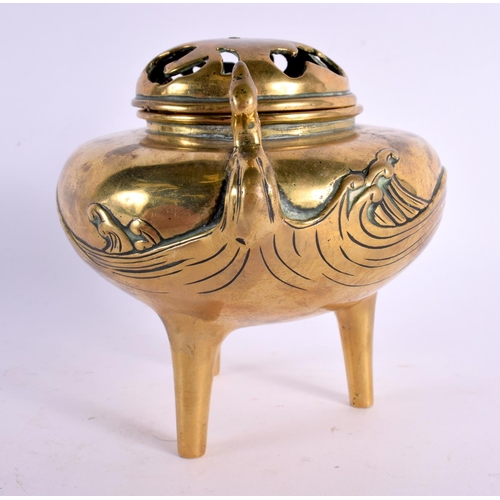 2386 - A 19TH CENTURY JAPANESE MEIJI PERIOD BRONZE CENSER AND COVER decorated with waves. 15 cm x 12 cm.