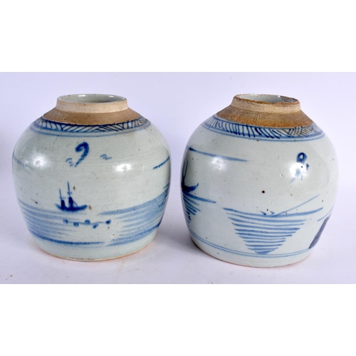 2393 - A PAIR OF 18TH CENTURY CHINESE BLUE AND WHITE PROVINCIAL POTTERY GINGER JARS Qing. 17 cm x 13 cm.