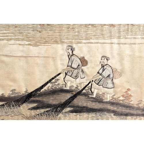 2399 - Japanese School (19th Century)| Pair, Silk embroidered landscapes. 125 cm x 35 cm.