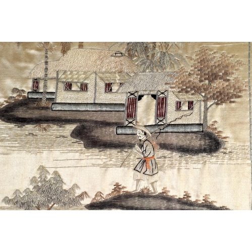 2399 - Japanese School (19th Century)| Pair, Silk embroidered landscapes. 125 cm x 35 cm.