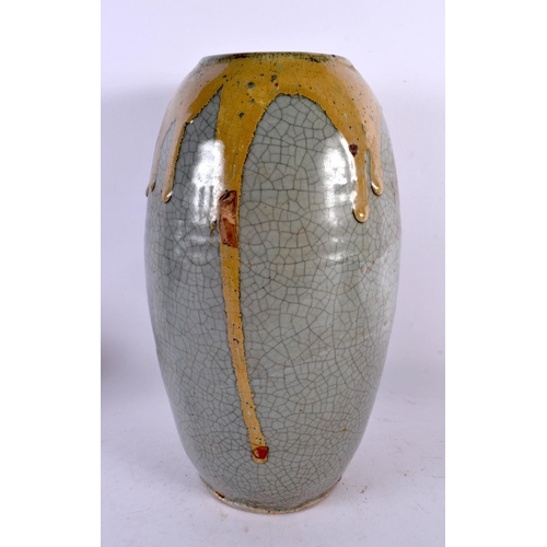 2403 - A LARGE 19TH CENTURY CHINESE GE TYPE STONEWARE VASE Qing, with overlaid brown glaze. 30 cm x 14 cm.