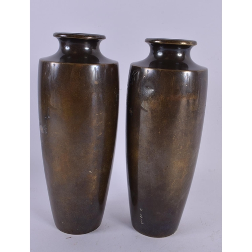 2411 - A PAIR OF 19TH CENTURY JAPANESE MEIJI PERIOD BRONZE NAGOYA VASES silver inlaid with cockerells. 18 c... 