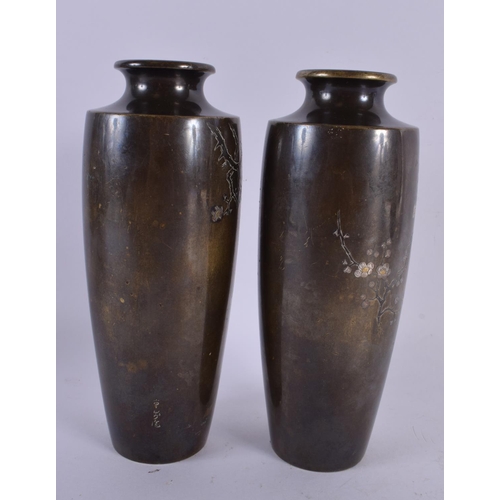 2411 - A PAIR OF 19TH CENTURY JAPANESE MEIJI PERIOD BRONZE NAGOYA VASES silver inlaid with cockerells. 18 c... 