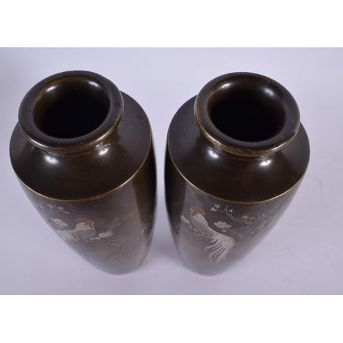 2411 - A PAIR OF 19TH CENTURY JAPANESE MEIJI PERIOD BRONZE NAGOYA VASES silver inlaid with cockerells. 18 c... 