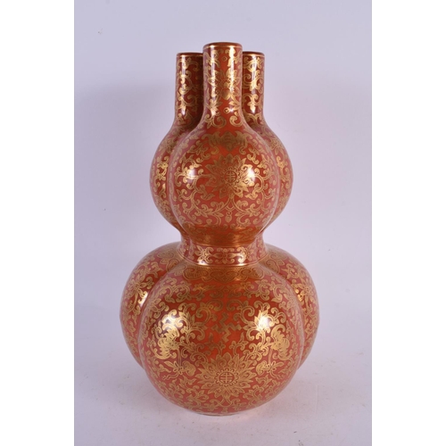 2413 - A GOOD CHINESE CORAL GROUND TRIPLE TULIP VASE Jiaqing mark and probably of the period, gilded with f... 