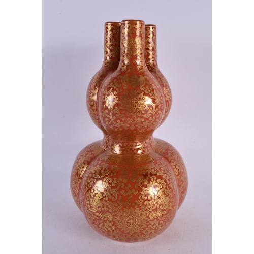 2413 - A GOOD CHINESE CORAL GROUND TRIPLE TULIP VASE Jiaqing mark and probably of the period, gilded with f... 