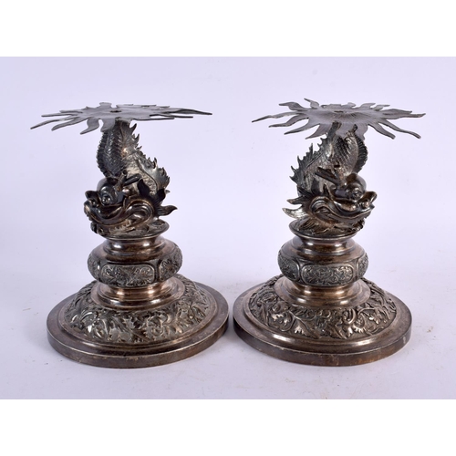 2433 - A PAIR OF 19TH CENTURY CHINESE EXPORT SILVER DRAGON FISH STANDS by Wang Hing. 620 grams. 15 cm x 7 c... 