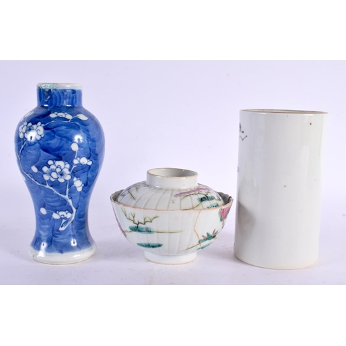 2436 - AN EARLY 20TH CENTURY CHINESE FAMILLE ROSR BRUSH POT Guangxu, together with a Kangxi style vase & a ... 