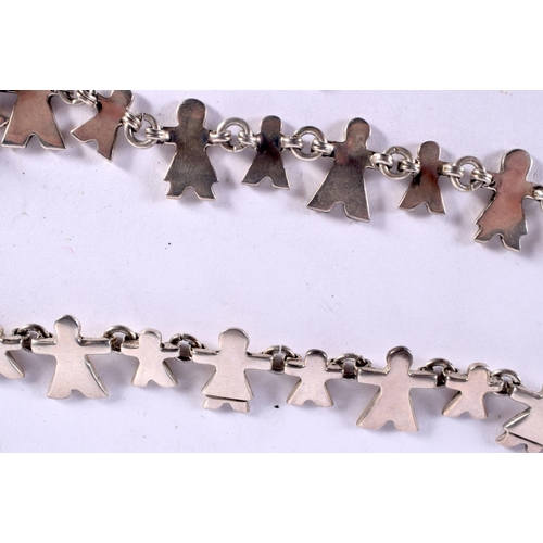 55 - AN UNUSUAL SILVER NECKLACE WITH FIGURE SHAPED LINKS. Length 43cm, weight 69g
