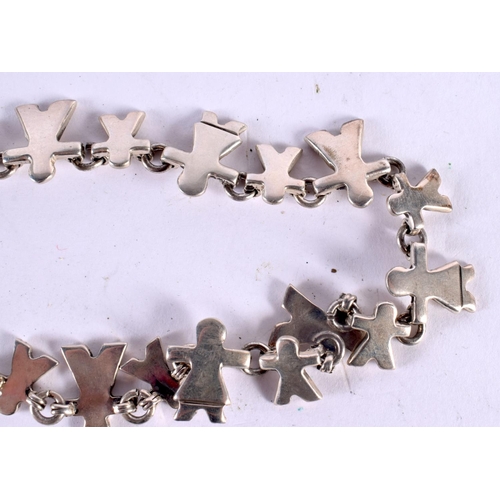 55 - AN UNUSUAL SILVER NECKLACE WITH FIGURE SHAPED LINKS. Length 43cm, weight 69g