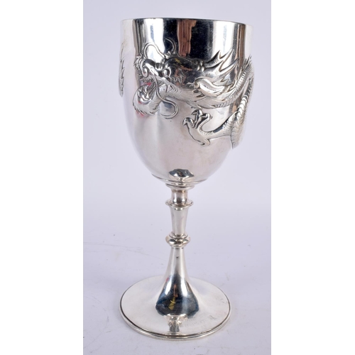 1 - A LARGE 19TH CENTURY CHINESE EXPORT SILVER DRAGON GOBLET decorated in relief with a powerfully model... 