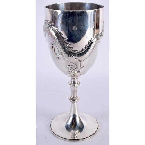 1 - A LARGE 19TH CENTURY CHINESE EXPORT SILVER DRAGON GOBLET decorated in relief with a powerfully model... 