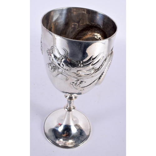 1 - A LARGE 19TH CENTURY CHINESE EXPORT SILVER DRAGON GOBLET decorated in relief with a powerfully model... 