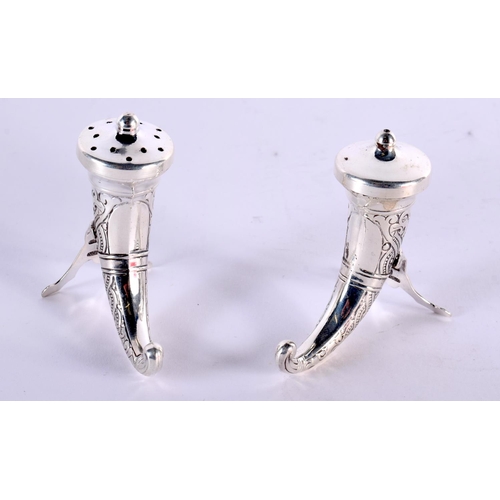 107 - A PAIR OF ANTIQUE CORNUCOPIA SILVER CONDIMENTS. 40 grams. 6 cm x 5 cm.