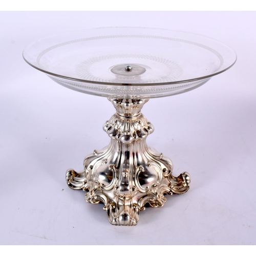 113 - A LARGE ANTIQUE GERMAN SILVER AND CRYSTAL GLASS TAZZA C1850. 1205 grams overall. 23 cm x 18.5 cm.