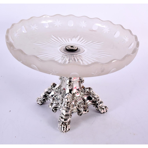 114 - A LARGE ANTIQUE GERMAN SILVER AND CRYSTAL GLASS TAZZA C1850. 677 grams overall. 21 cm x 16 cm.