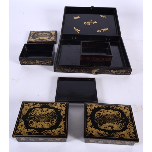 117 - A 19TH CENTURY CHINESE BLACK LACQUER COUNTRY HOUSE SQUARE FORM BOX Qing, painted with opposing phoen... 