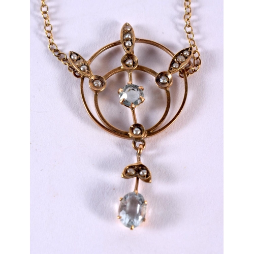 133 - 9ct Gold Edwardian Blue Paste And Pearl Set Pendant Necklace.  2.9 grams. Chain 37 cm long, pendant ... 