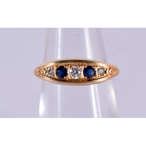 145 - 18ct Gold Vintage Sapphire And Diamond Set Five Stone Dress Ring. K/L. 2.5 grams.