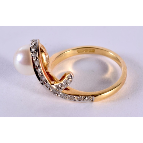 149 - 18ct Gold Cultured Cream Pearl And Diamond Set Crossover Dress Ring. O/P. 5.2 grams.