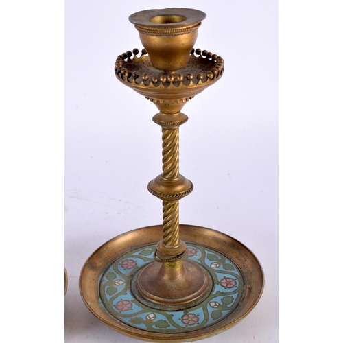 15 - A PAIR OF 19TH CENTURY FRENCH BRONZE AND CHAMPLEVE ENAMEL CANDLESTICKS with spiral formed central st... 