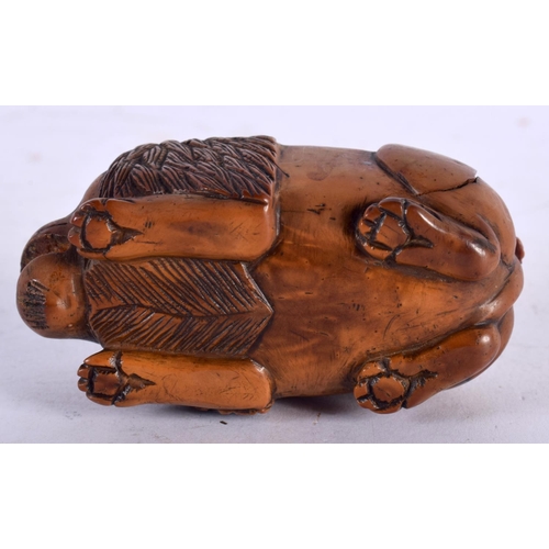 17 - AN 18TH CENTURY FRENCH DUTCH FRUITWOOD CARVED WOOD SNUFF BOX modelled in the form of a recumbent lio... 