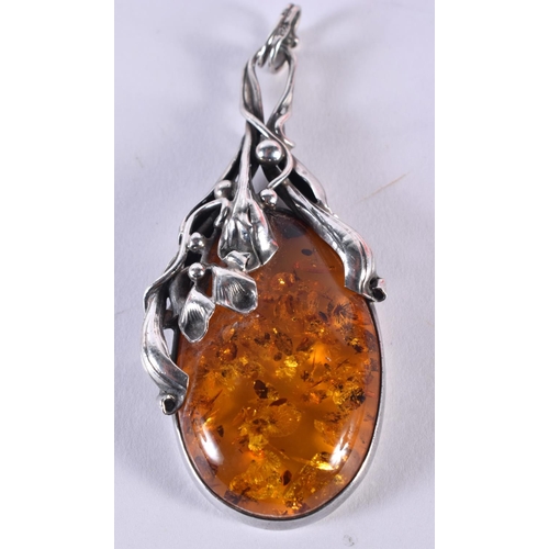 174 - Three Statement Silver Baltic Amber Pendants. 65 grams. Largest 8.75 cm x 3.75 cm. (3)