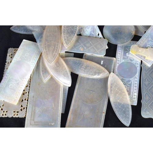 26 - A COLLECTION OF 19TH CENTURY CHINESE CANTON MOTHER OF PEARL GAMING COUNTERS Qing, in various forms a... 