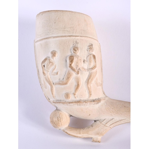 27 - AN UNUSUAL ANTIQUE CONTINENTAL MEERSCHAUM PIPE of Sporting interest, depicting rugby and footballing... 