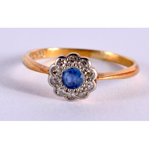 35 - A LATE VICTORIAN/EDWARDIAN 18CT GOLD DIAMOND AND SAPPHIRE CLUSTER RING of delicate proportions. L. 1... 