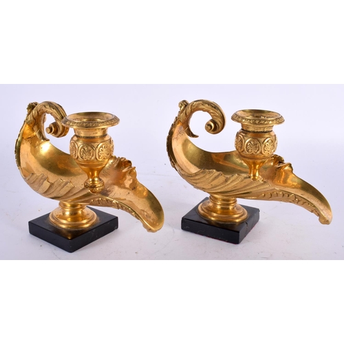 8 - A PAIR OF EARLY 19TH CENTURY ENGLISH REGENCY ORMOLU OIL LAMPS modelled in the classical Romanesque m... 