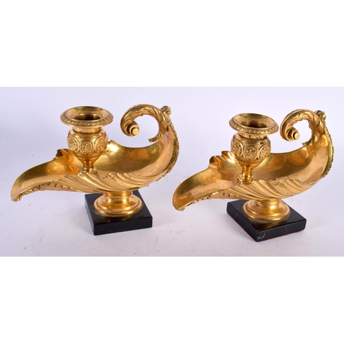 8 - A PAIR OF EARLY 19TH CENTURY ENGLISH REGENCY ORMOLU OIL LAMPS modelled in the classical Romanesque m... 