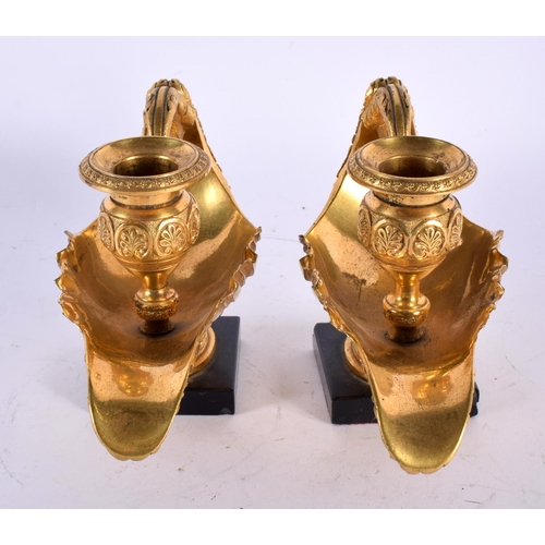 8 - A PAIR OF EARLY 19TH CENTURY ENGLISH REGENCY ORMOLU OIL LAMPS modelled in the classical Romanesque m... 