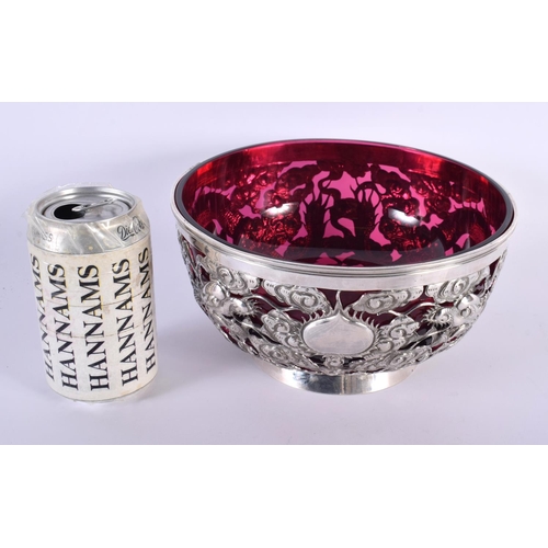 92 - A FINE LARGE 19TH CENTURY CHINESE EXPORT SILVER BOWL by Wang Hing, with purple glass liner. Silver 6... 