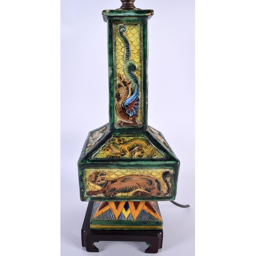 101 - AN EARLY 20TH CENTURY ITALIAN POTTERY SQUARE FORM LAMP decorated with animals and dragons in landsca... 