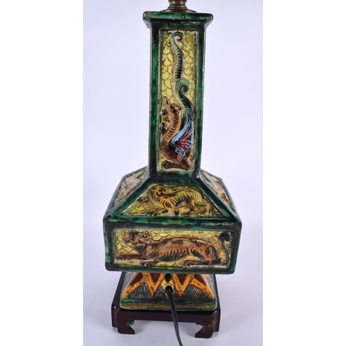 101 - AN EARLY 20TH CENTURY ITALIAN POTTERY SQUARE FORM LAMP decorated with animals and dragons in landsca... 