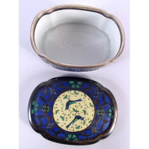 103 - AN ART DECO CONTINENTAL MALACHITE ENAMEL INSET PORCELAIN BOX together with a Chinese style tea caddy... 